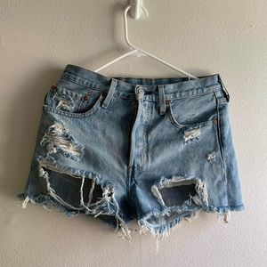 Distressed denim shorts